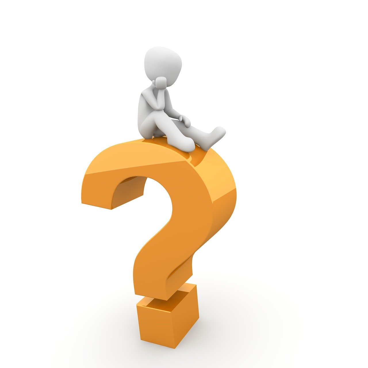 A 3D figure sitting on top of a large orange question mark, looking thoughtful.